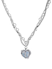 SILVER HEART PENDANT NECKLACE WITH GEOMETRIC ALLOY DESIGN