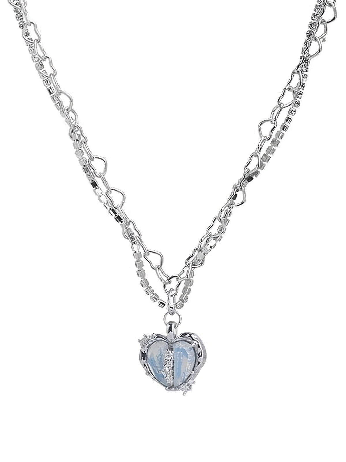 SILVER HEART PENDANT NECKLACE WITH GEOMETRIC ALLOY DESIGN