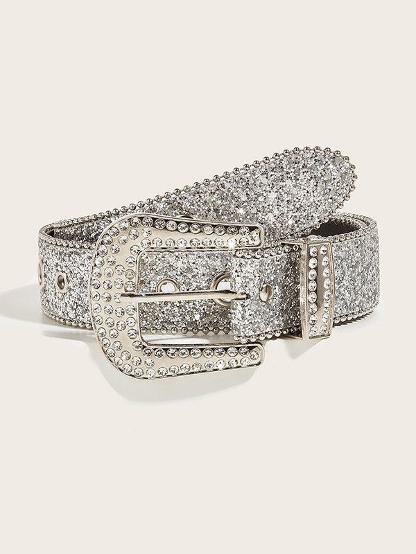 SILVER JEWELED BUCKLE BELT WITH RHINESTONE BUCKLE FOR Y2K FASHION
