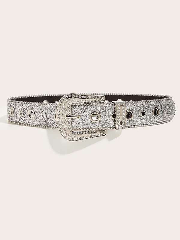 SILVER JEWELED BUCKLE BELT WITH RHINESTONE BUCKLE FOR Y2K FASHION