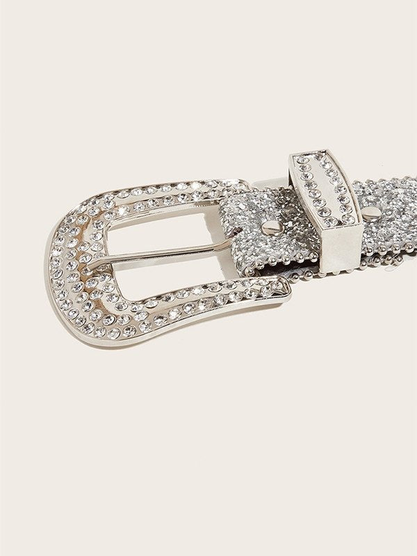 SILVER JEWELED BUCKLE BELT WITH RHINESTONE BUCKLE FOR Y2K FASHION