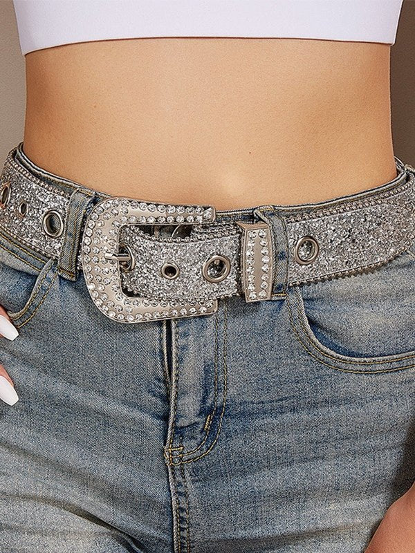 SILVER JEWELED BUCKLE BELT WITH RHINESTONE BUCKLE FOR Y2K FASHION