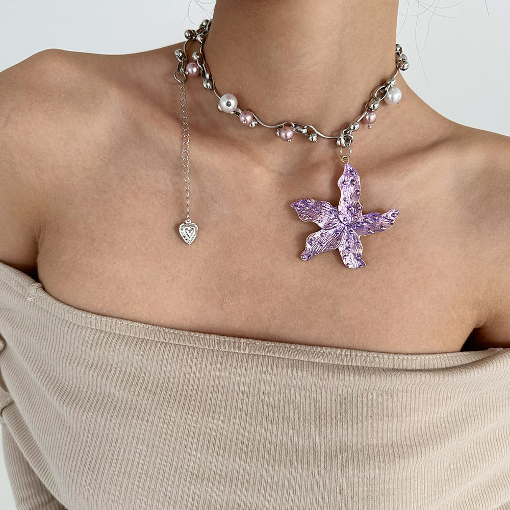 SILVER NECKLACE LILAC FLOWER PENDANT CHOKER