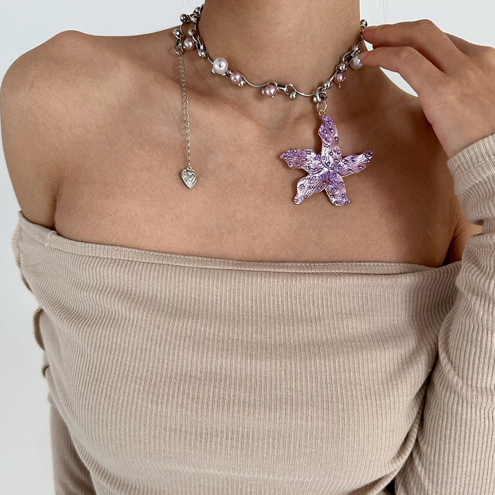 SILVER NECKLACE LILAC FLOWER PENDANT CHOKER