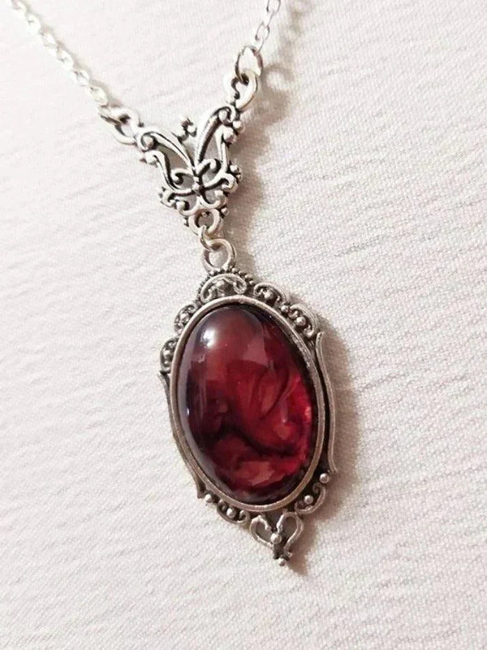 SILVER NECKLACE WITH STUNNING RED OVAL PENDANT