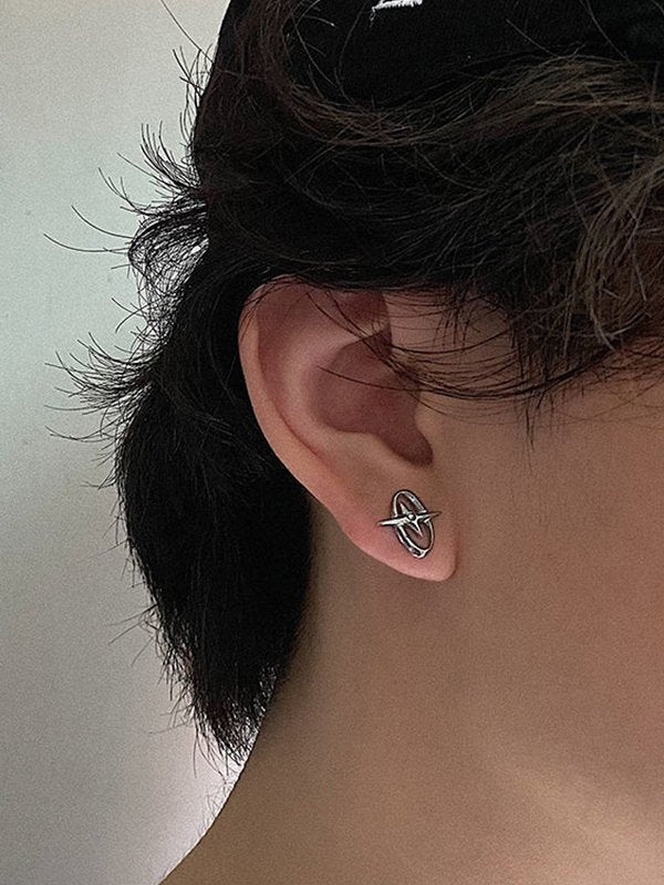 SILVER OVAL STARBURST STUD EARRINGS Y2K GEOMETRIC DESIGN