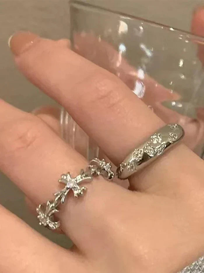 SILVER RING SET WITH CROSS AND FLORAL DESIGNS - CROSS MOON STAR