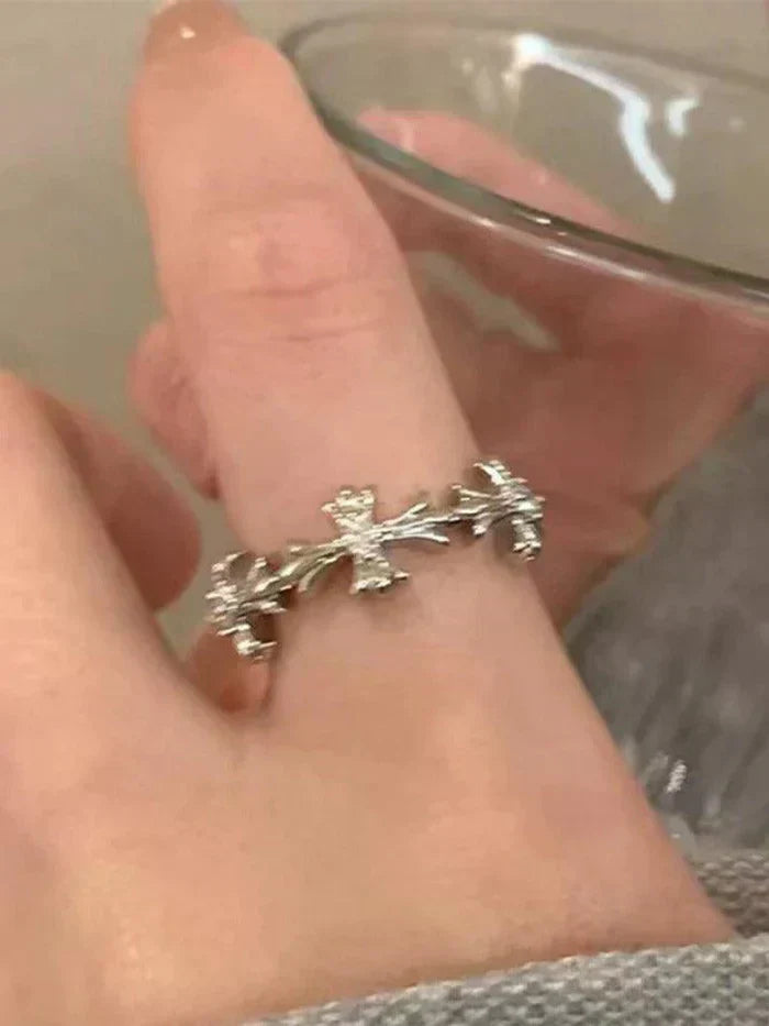 SILVER RING SET WITH CROSS AND FLORAL DESIGNS - CROSS MOON STAR