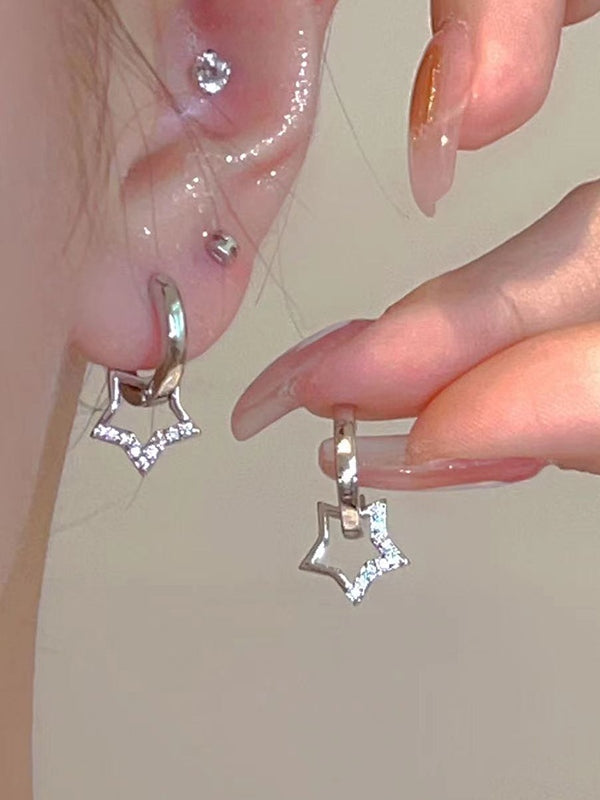 SILVER STAR-SHAPED EARRINGS WITH STAR ALLOY RHINESTONE ACCENTS