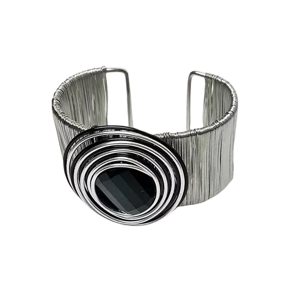 SILVER WIRE CUFF BRACELET WITH BLACK STONE JEWELRY ACCESSORY