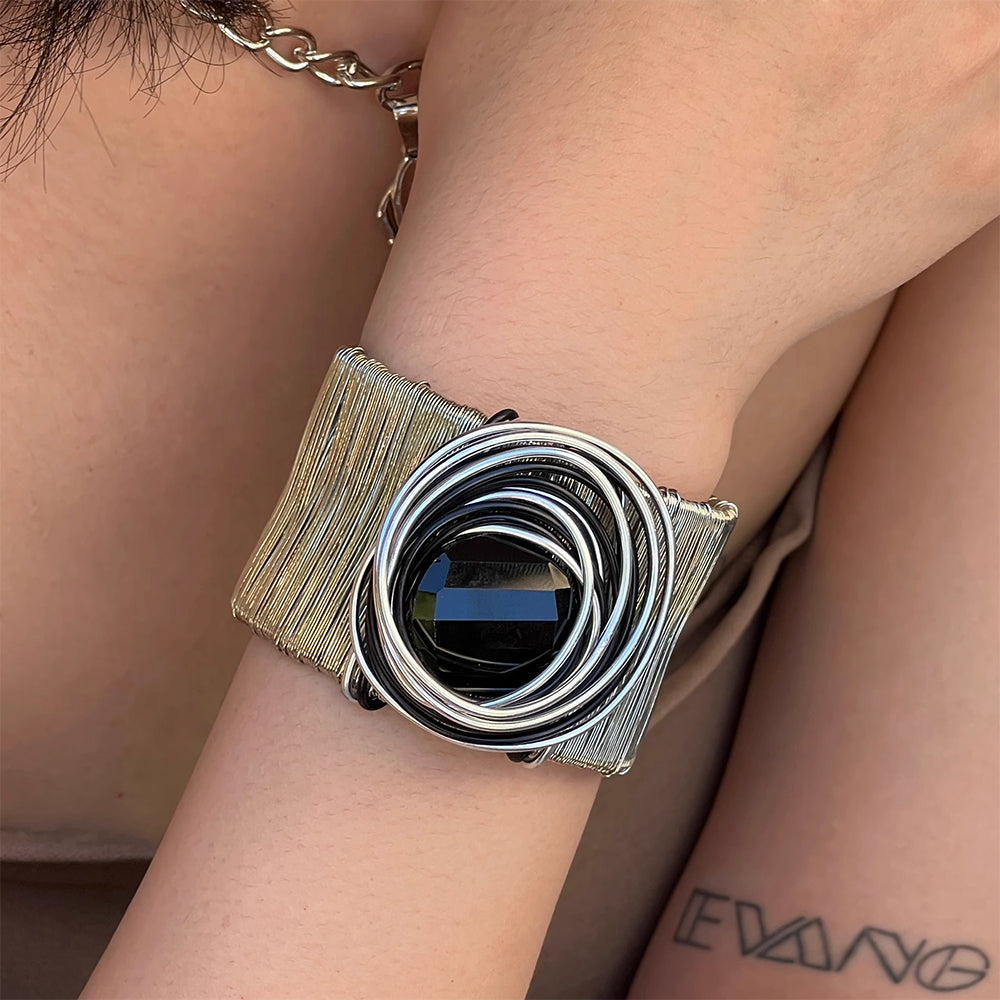 SILVER WIRE CUFF BRACELET WITH BLACK STONE JEWELRY ACCESSORY