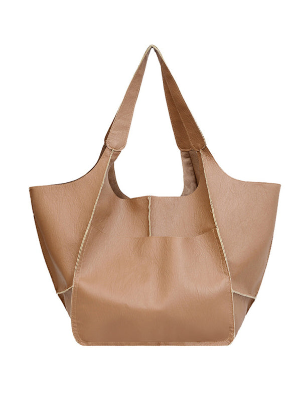 Simple Large Bag Soft Leather Large Capacity One Shoulder Portable Tote Bag - Khaki / F