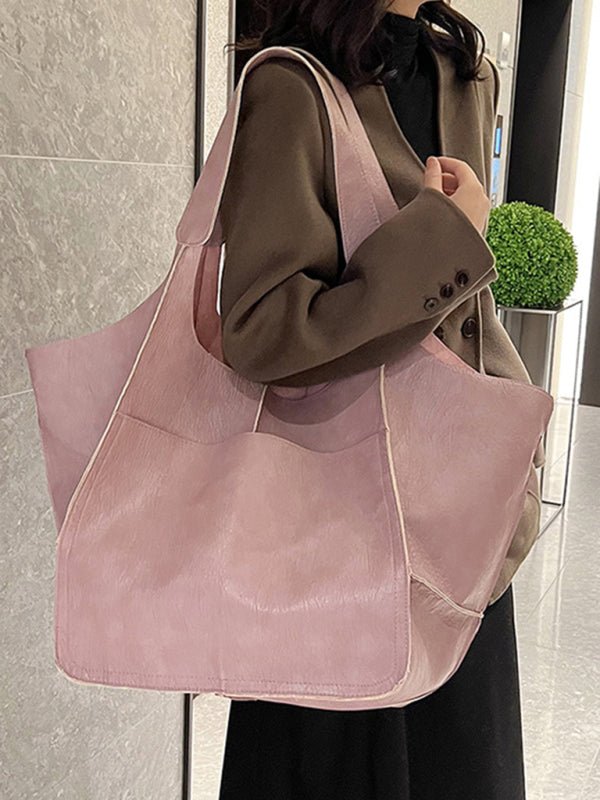 Simple Large Bag Soft Leather Large Capacity One Shoulder Portable Tote Bag - Pink / F