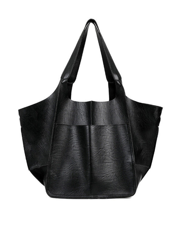 Simple Large Bag Soft Leather Large Capacity One Shoulder Portable Tote Bag - Black / F