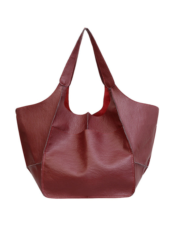 Simple Large Bag Soft Leather Large Capacity One Shoulder Portable Tote Bag - Wine Red / F