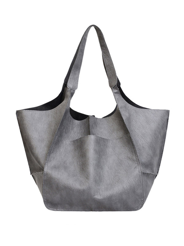 Simple Large Bag Soft Leather Large Capacity One Shoulder Portable Tote Bag - Grey / F