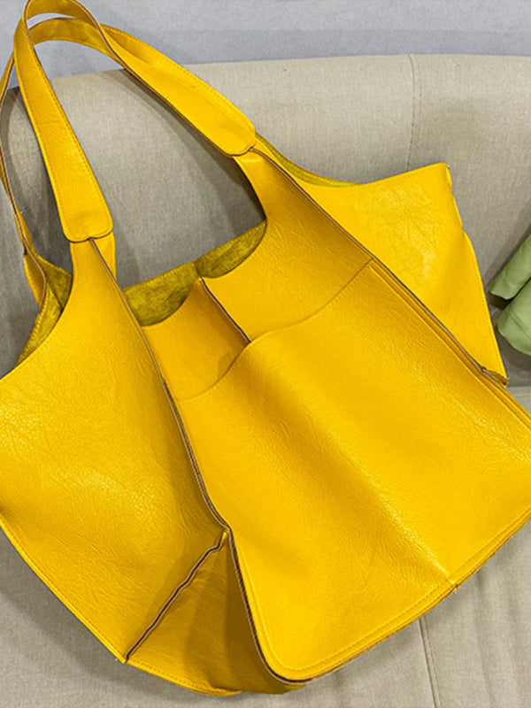 Simple Large Bag Soft Leather Large Capacity One Shoulder Portable Tote Bag - Yellow / F