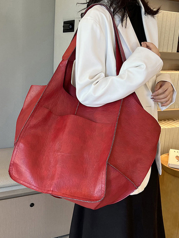 Simple Large Bag Soft Leather Large Capacity One Shoulder Portable Tote Bag - Red / F