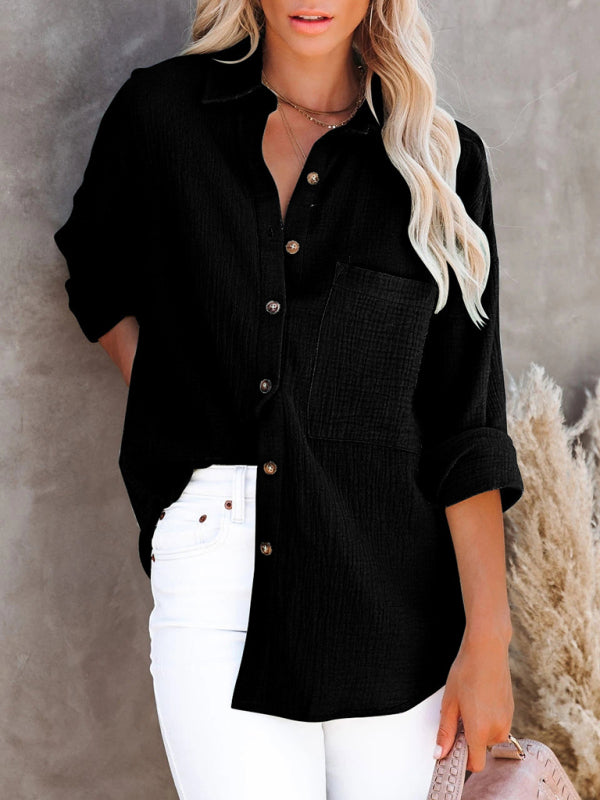 Simple long-sleeved V-neck button-down shirt for women - Closther