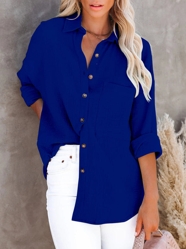 Simple long-sleeved V-neck button-down shirt for women - Closther