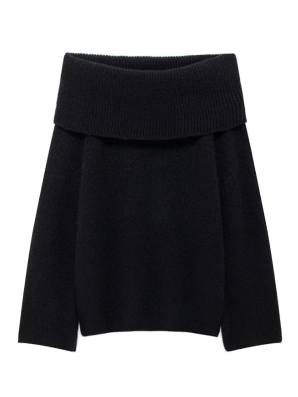 Simple off-shoulder long-sleeved sweater top - Black / S