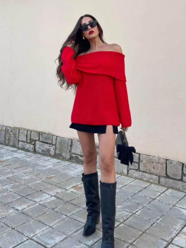 Simple off-shoulder long-sleeved sweater top - Red / S
