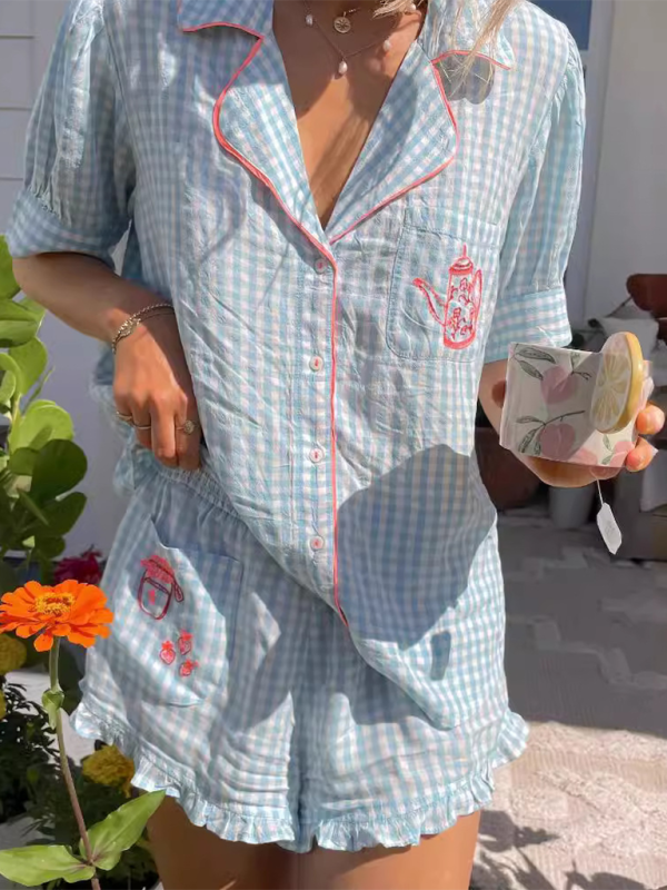 Simple plaid teapot embroidery home wear pajamas set - Blue / S