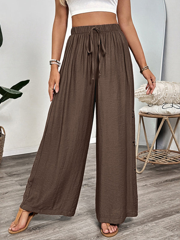 Brown wide-leg drawstring pants from Simple style lace-up embroidered collection