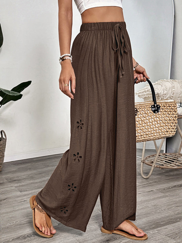 Brown floral-cutout drawstring palazzo pants from Simple Style with lace-up embroidery