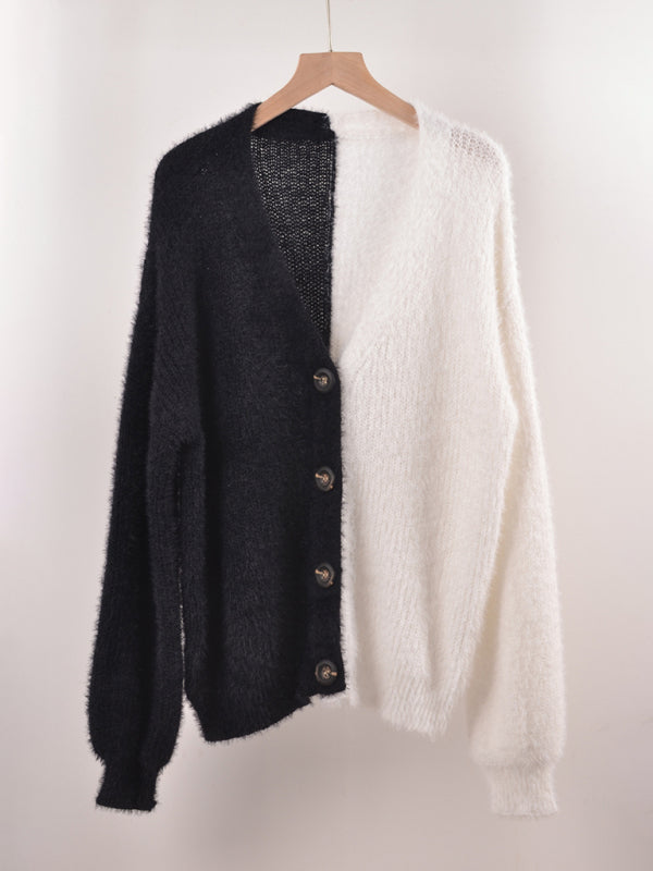 Single-breasted patchwork cardigan sweater