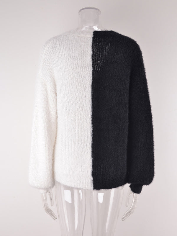 Single-breasted patchwork cardigan sweater