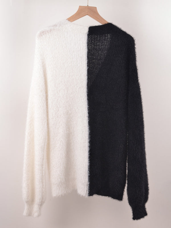 Single-breasted patchwork cardigan sweater