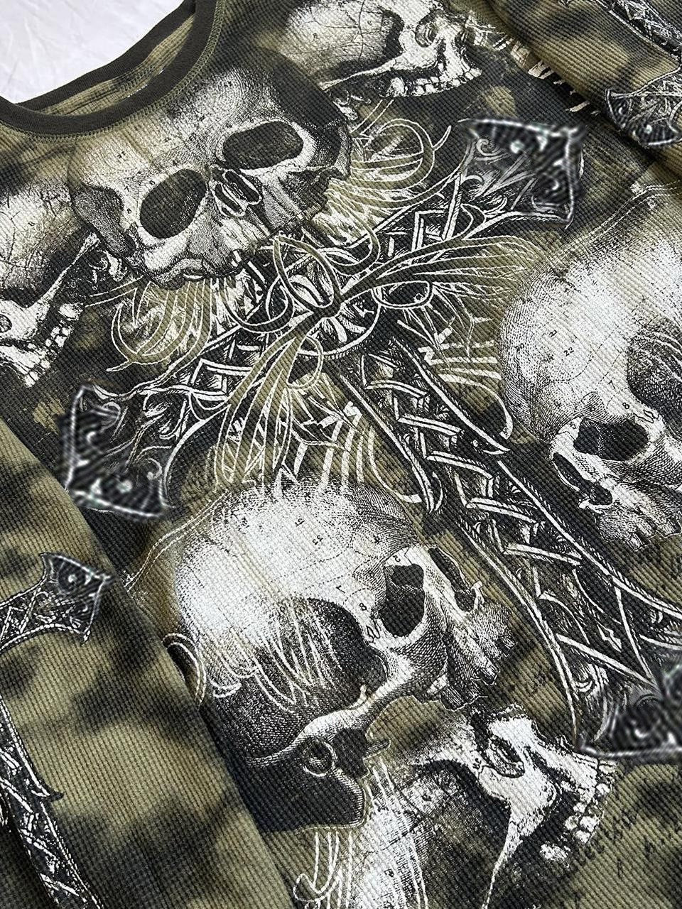 SKULL AND CROSS PRINT LONG SLEEVE SHIRT WITH TIE DYE DESIGN
