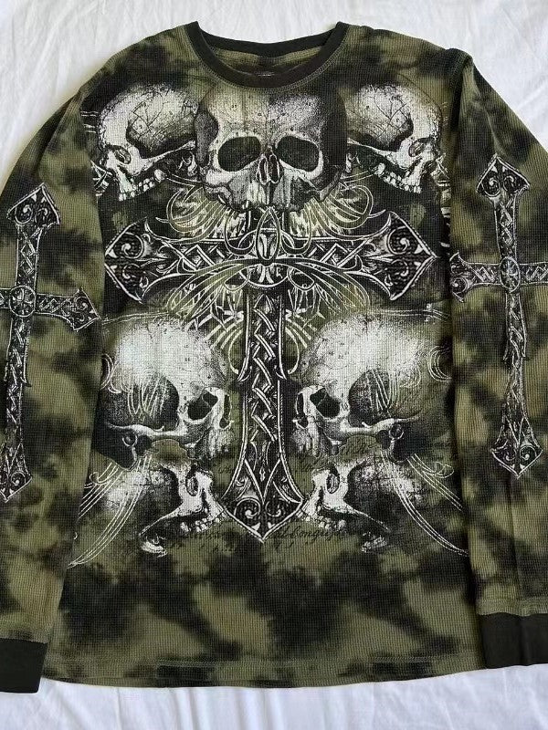 SKULL AND CROSS PRINT LONG SLEEVE SHIRT WITH TIE DYE DESIGN
