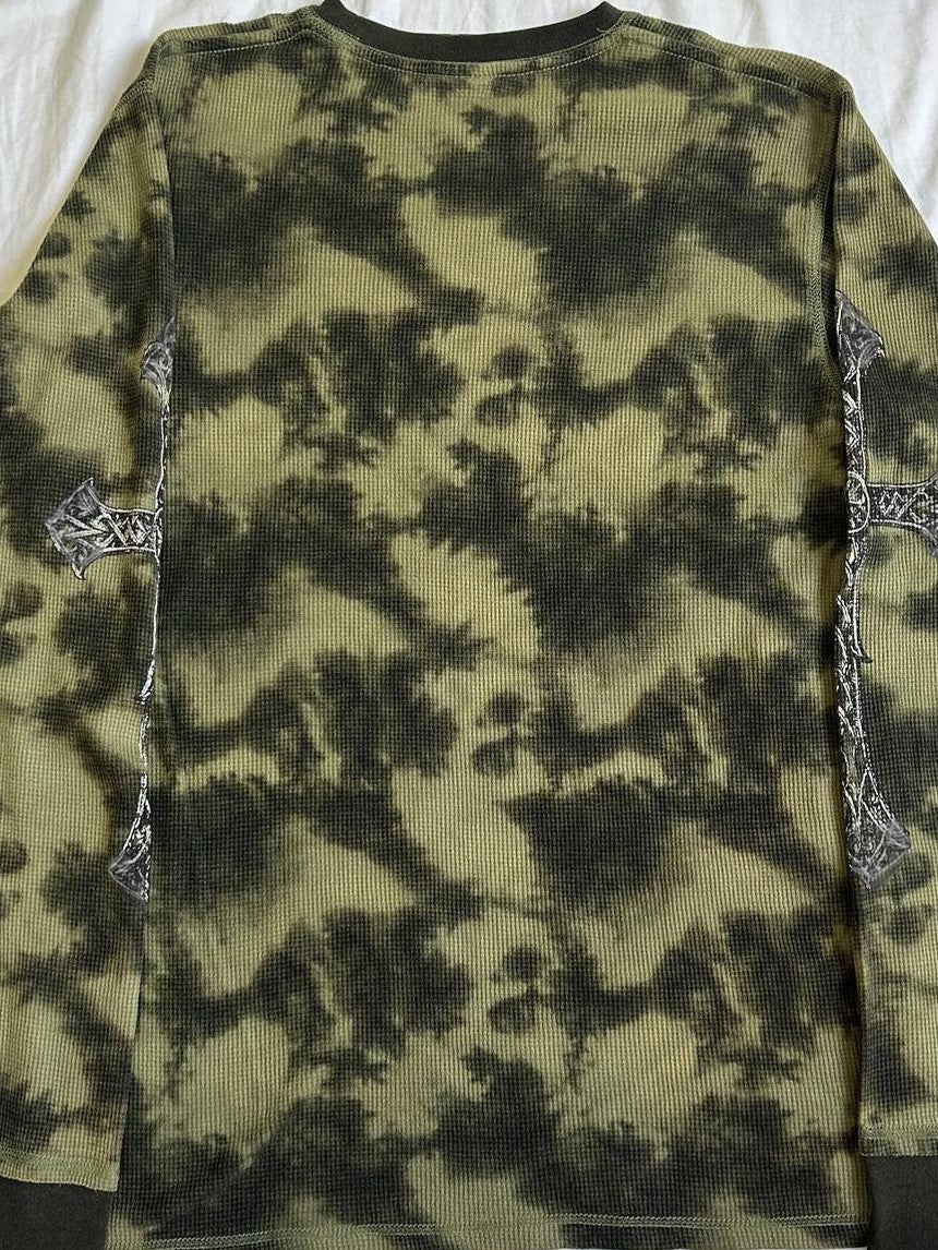 SKULL AND CROSS PRINT LONG SLEEVE SHIRT WITH TIE DYE DESIGN