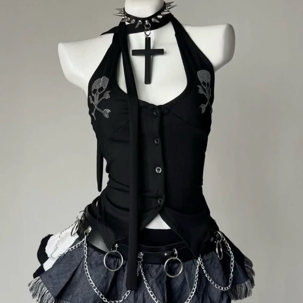 SKULL HALTER TOP EMO AESTHETIC WITH BUST MEASUREMENT