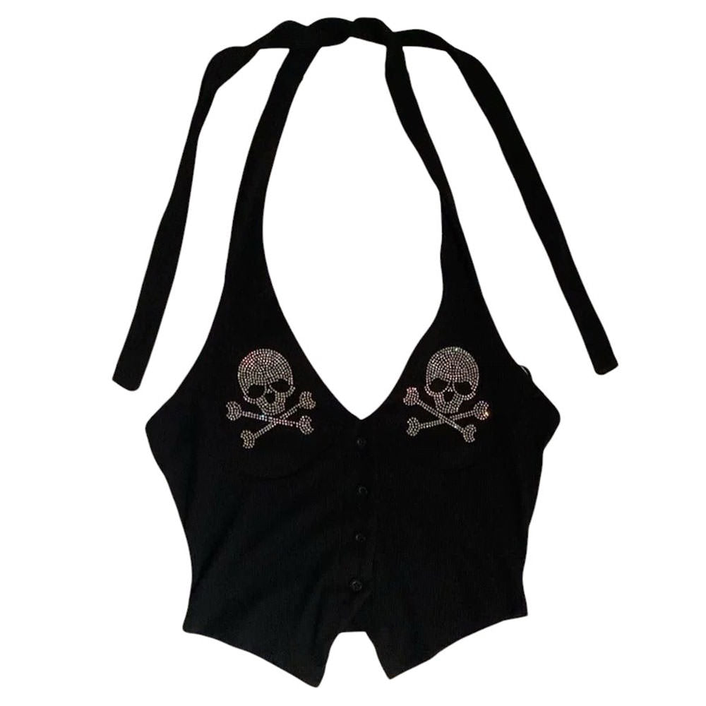 SKULL HALTER TOP EMO AESTHETIC WITH BUST MEASUREMENT