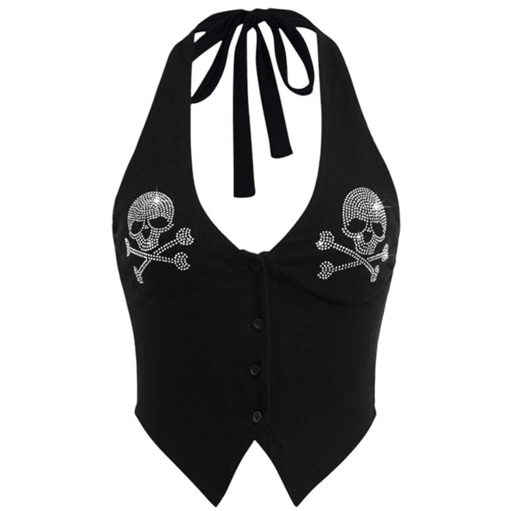 SKULL HALTER TOP EMO AESTHETIC WITH BUST MEASUREMENT