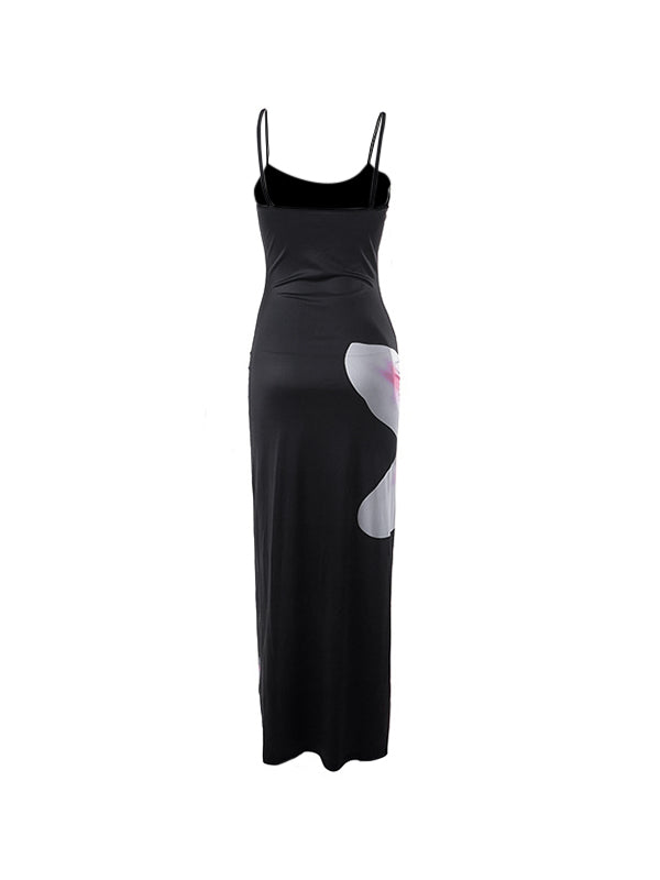 SLEEVELESS BLACK FLORAL MAXI DRESS - FIGURE-HUGGING MAXI DRESS