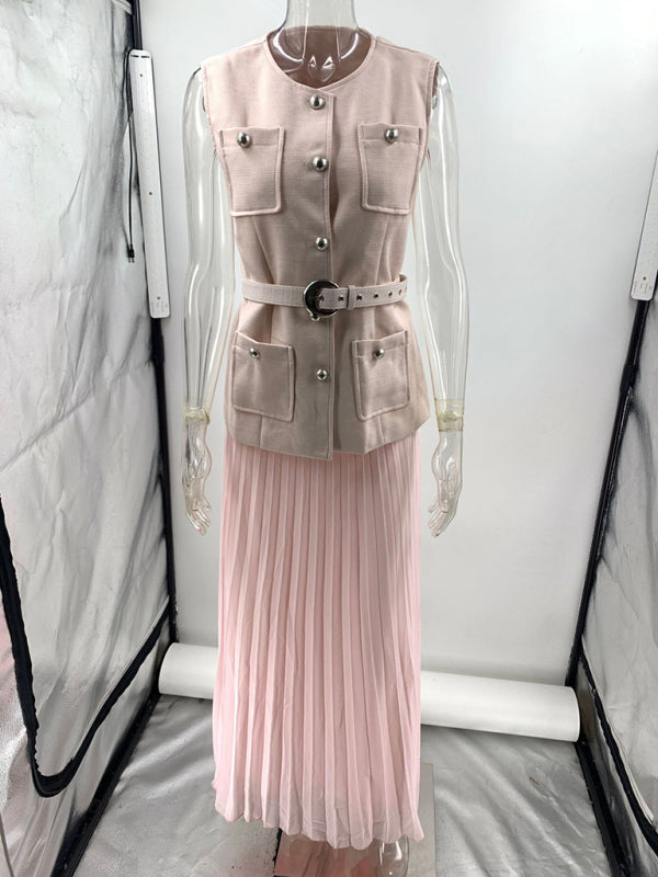 Pink belted vest and pleated skirt set from Sleeveless Chanel style two-piece collection