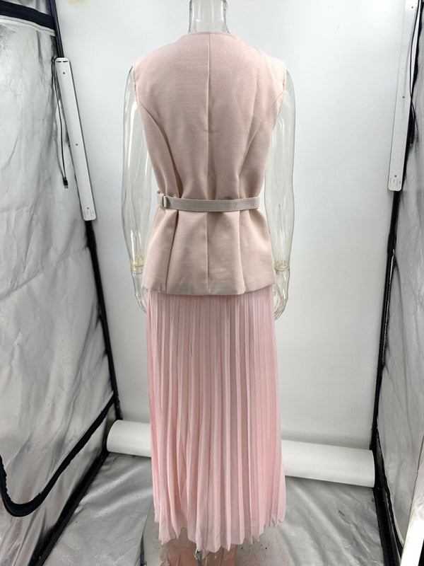 Pink belted vest and pleated mesh skirt from Sleeveless Chanel style two-piece set