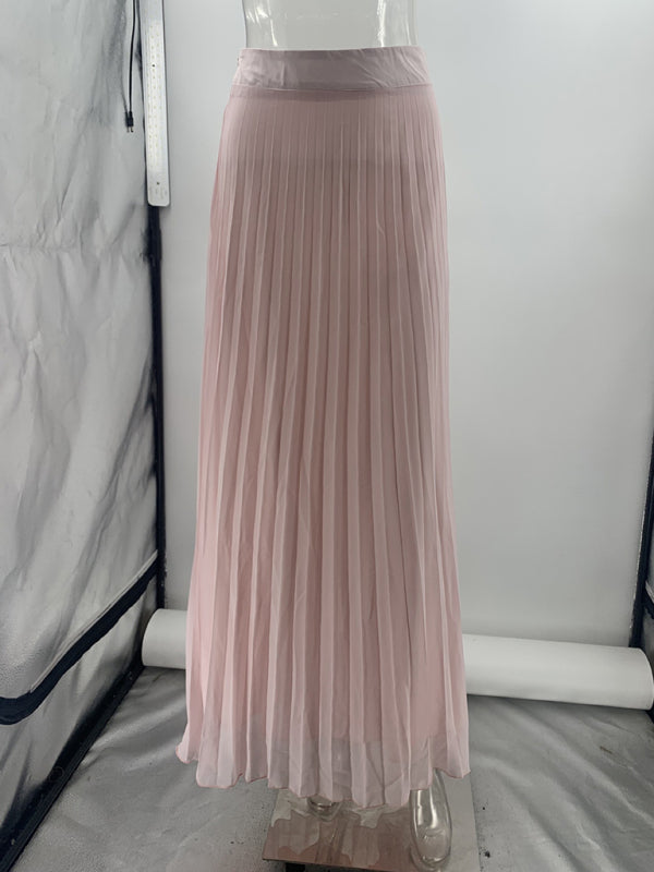 Long light pink pleated mesh skirt from Sleeveless Chanel style vest two-piece set
