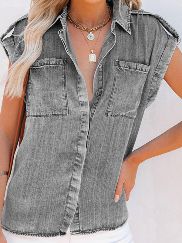 Sleeveless Denim Shirt Straight Pocket Oversized Top - Grey / S
