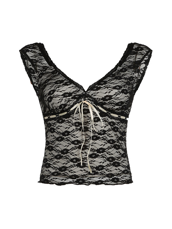 SLEEVELESS LACE TOP WITH RIBBON TIE - VINTAGE FABRIC SLIM FIT DESIGN