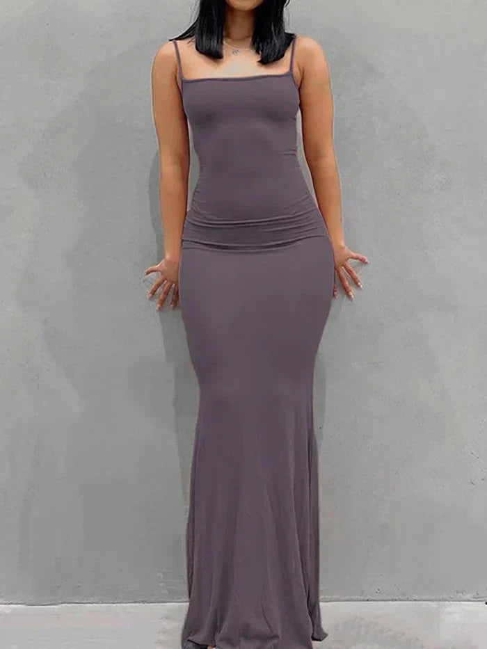 SLEEVELESS MAXI DRESS WITH SQUARE NECKLINE - BLACK SPAGHETTI STRAP DRESS
