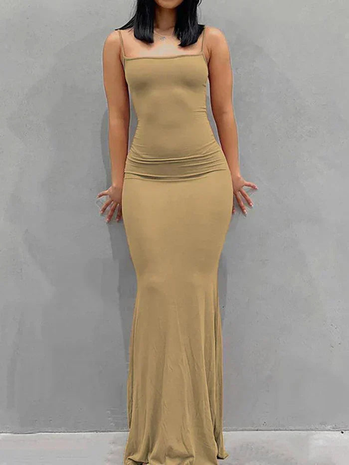 SLEEVELESS MAXI DRESS WITH SQUARE NECKLINE - BLACK SPAGHETTI STRAP DRESS