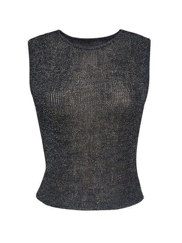 SLEEVELESS METALLIC TOP IN TIMELESS BLACK WITH DELICATE METALLIC ACCENTS