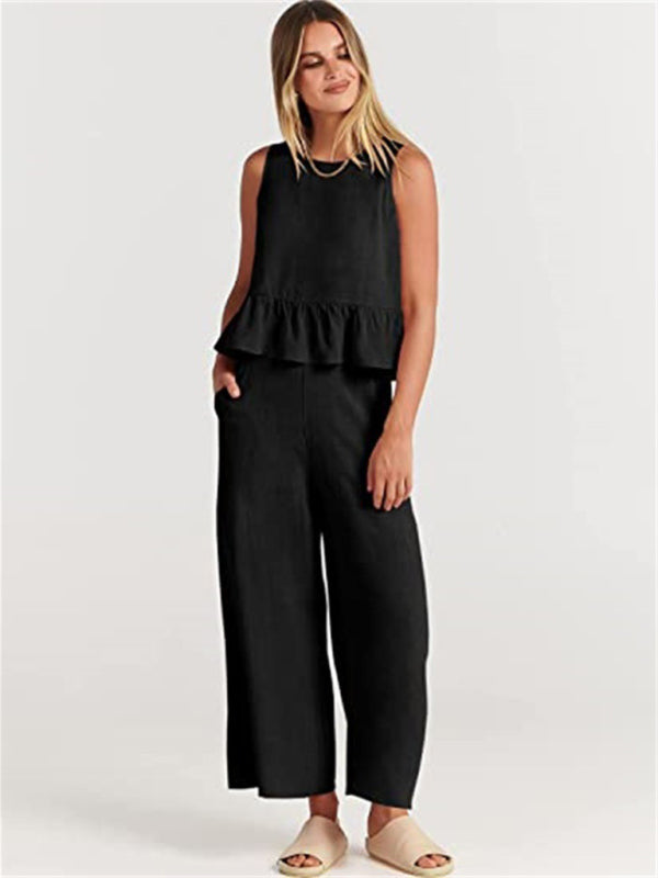 Sleeveless pleated vest wide-leg cropped pants casual suit - Black / S