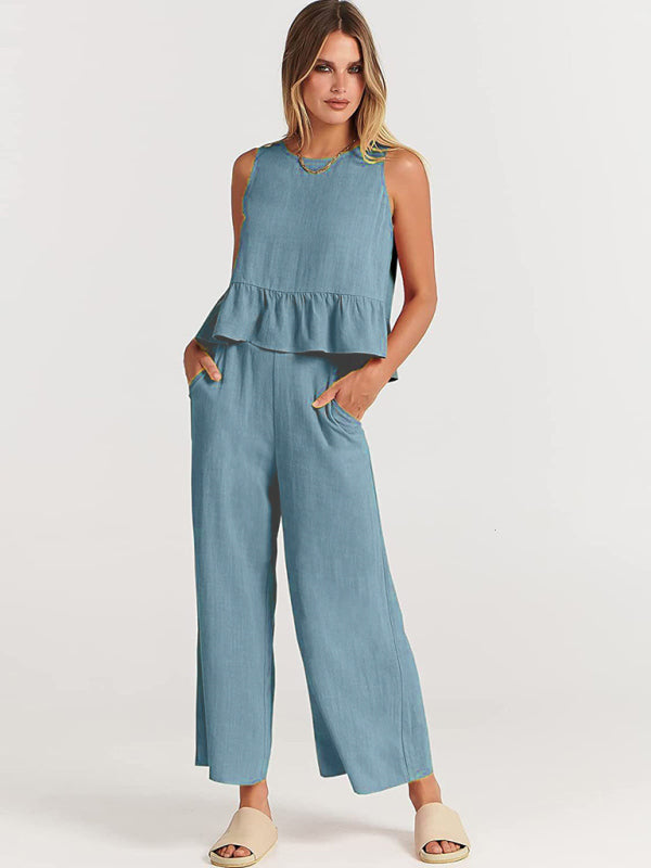Sleeveless pleated vest wide-leg cropped pants casual suit - Blue grey / S