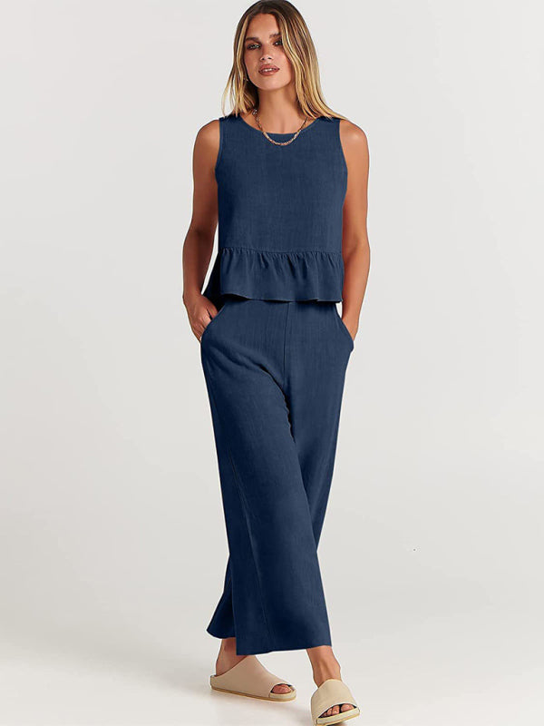 Sleeveless pleated vest wide-leg cropped pants casual suit - Champlain color / S